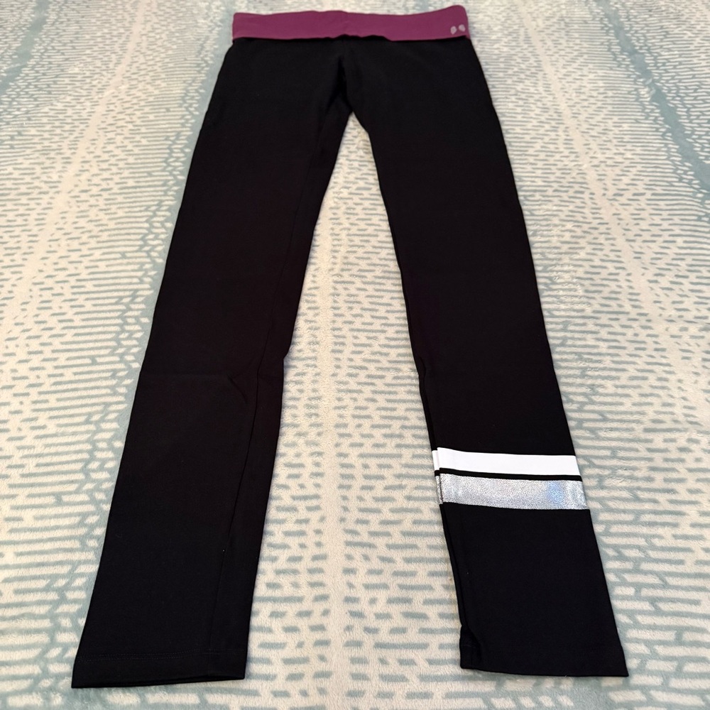 Victoria's Secret Black Yoga Leggings Purple Waistband White Stripes NWOT